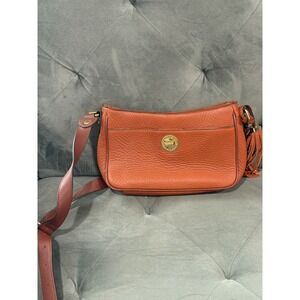 Isaac Mizrahi Orange Pebble Leather Crossbody Bag Tassel Gold Logo‎ Accent